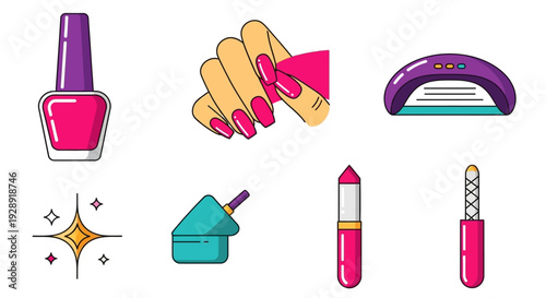 Nail Care Icons: Polish, Hand, UV Lamp, Tools, Sparkle