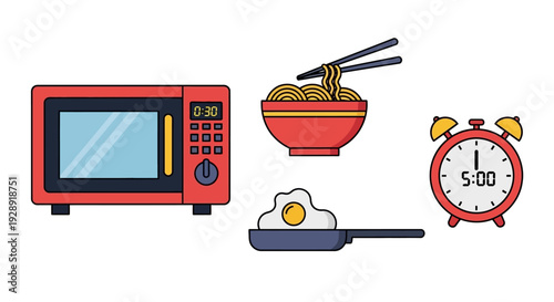 Microwave, Ramen Noodles, Fried Egg, Alarm Clock Icons - Quick Meal Preparation