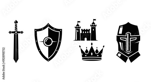 Medieval Knight Icons: Sword, Shield, Helmet, Castle, Crown - Black and White Vector Set