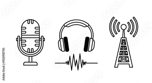 Podcast Icons: Microphone, Headphones, Soundwave, Radio Tower - Vector Art