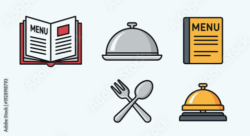 Restaurant Menu Icons: Open Book, Cloche, Menu Card, Fork, Spoon, Bell
