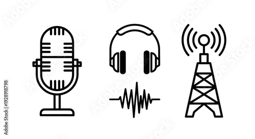 Podcast Icons: Microphone, Headphones, Soundwave, Radio Tower