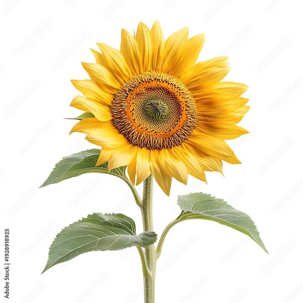 Naklejka premium Bright and Vibrant Sunflower with Green Leaves Isolated on a White Background