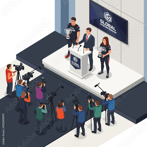 Esports champions on stage with trophies during a press conference, surrounded by media and photographers.
