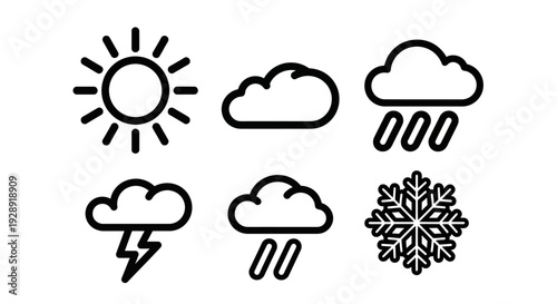 Weather Icons: Sun, Clouds, Rain, Thunderstorm, Snowflakes