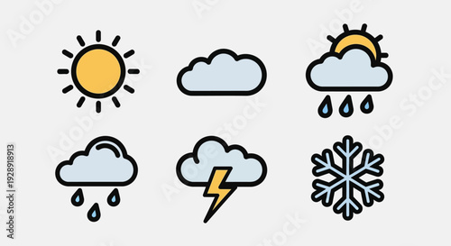 Weather Icons Set: Sun, Clouds, Rain, Snow, Thunderstorm