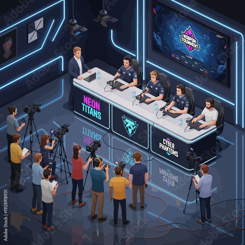 Esports Tournament Players and Casters on Stage.