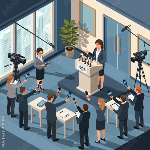 Female Speaker Addressing Press Conference with Microphones and Reporters.