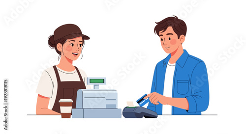 Man pays woman at cash register with card in store