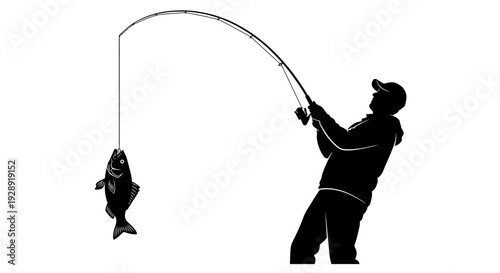 Man fishing with rod catches big fish in water outdoors recreationally