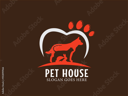 Vibrant orange and white dog and cat silhouette logo for pet boutique featuring a paw print heart emblem suggesting animal care love and companionship ideal for pet services and products