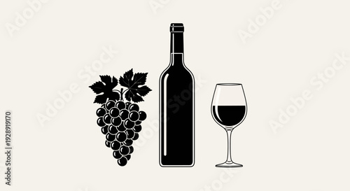 A wine bottle, glass, and grape bunch illustration for drinks and food
