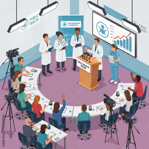 Medical professionals addressing a press conference on vaccines.