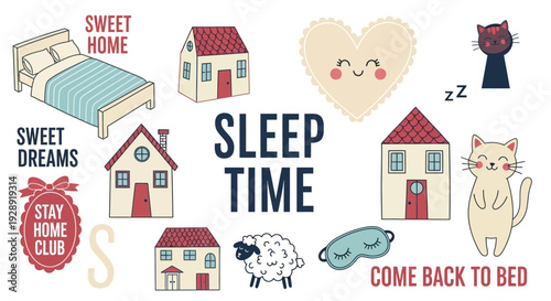 Sleepy time with house and cat and sheep near bed under heart