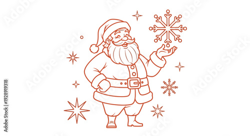 Santa Claus holds a snowflake on a winter night with magic sparkles