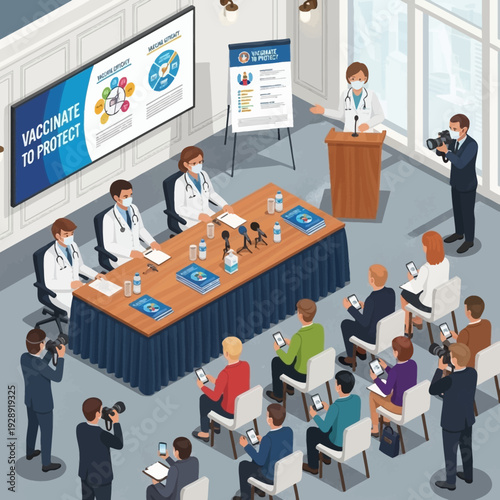 Medical professionals address media at a press conference about vaccination.