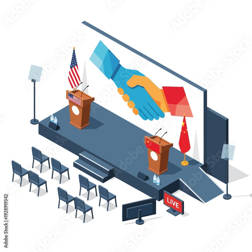 Political debate stage with podiums and large screen displaying a handshake.