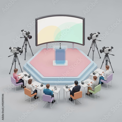 Political Debate Stage with Audience and Cameras.