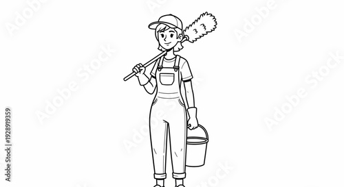 A worker in overalls holds a paintbrush and bucket standing indoors