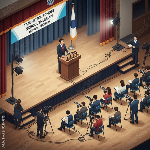 Politician addressing a press conference on stage with reporters and cameras.