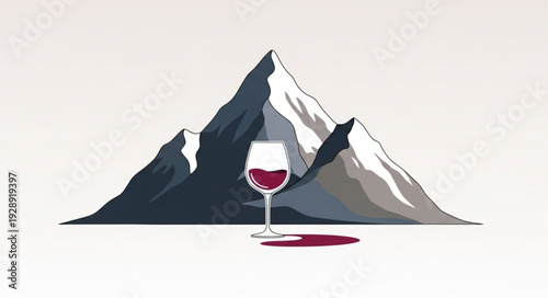Glass of red wine on mountain landscape background.