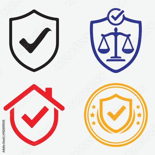 Security Shield, Legal Justice Scales, Home Insurance, and Quality Warranty Badge Icon Set