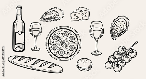 A still life of wine, cheese, and food on a table indoors