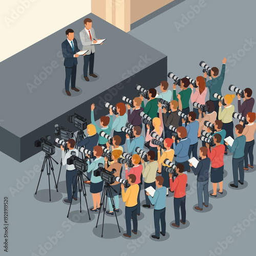 Press conference with speakers on stage and numerous photographers capturing the event.