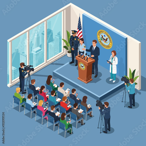Press conference with speaker, police officer, doctor, and audience.