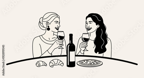 Two women enjoy wine and snacks at a table with a bottle