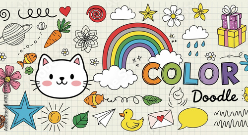 Vibrant doodle illustration of a cat surrounded by colorful objects and symbols on a teydhc sheet