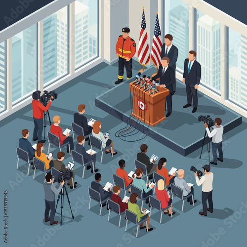 Press conference with speakers and audience in an indoor setting.