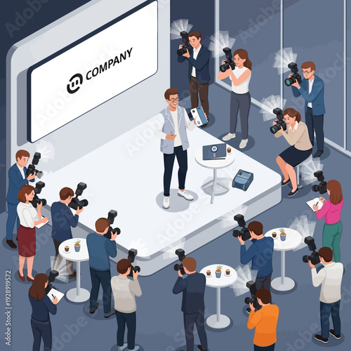 Speaker addressing a large audience of photographers and journalists at a press conference.