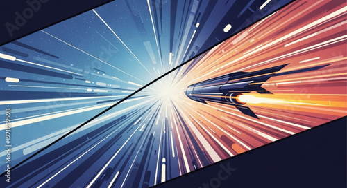 Futuristic spaceship traveling at warp speed through a colorful nebula.