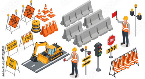 Construction workers manage roadwork with excavator and signs