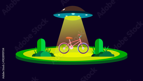 A pink bicycle floats upward into a glowing ufo beam on a green circular patch of land with grass and cacti at night