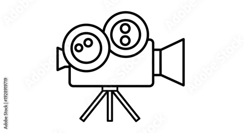 A black line drawing depicts a movie camera on a tripod indoors.