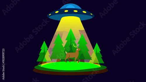 Deer levitates in soft ufo light beam amidst forest trees at night