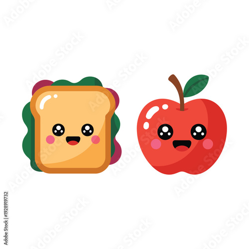 Cute sandwich toast and apple characters, kawaii healthy snack vector for kids breakfast menu, school lunch poster and sticker