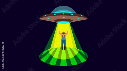 Farmer lifted by spaceship with green beam against dark background