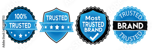 Collection of four blue and black circular and shield shaped badges seals and emblems signifying trust quality and brand recognition featuring text like 100 trusted trusted brand