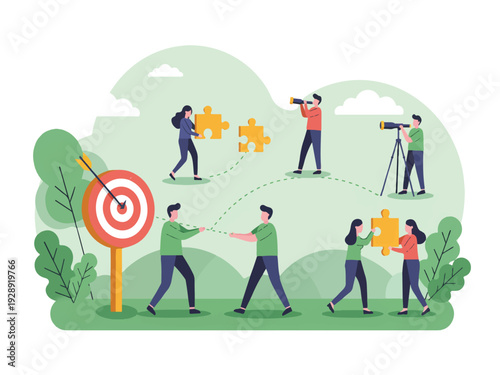 Teamwork collaboration strategy planning vision mission goal achievement puzzle pieces target