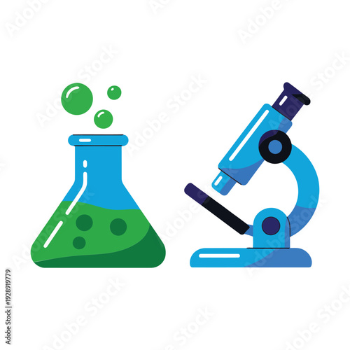 Chemistry experiment icons with bubbling flask and blue microscope, science lab vector for school project, stem education poster design