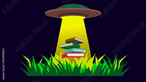 Stack of books levitating into a spaceship beam against a dark background with grass