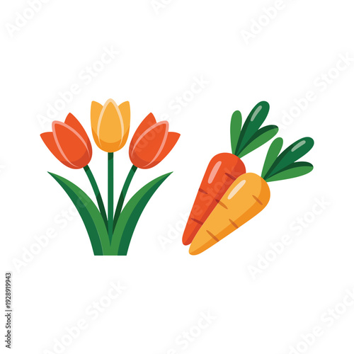 Spring tulips bouquet with carrots clipart, Easter garden fair poster element, family picnic session graphic, seasonal market banner vector