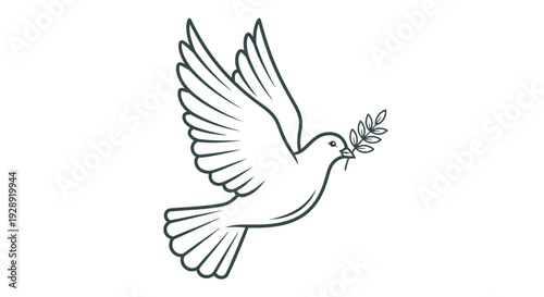 A dove flies with an olive branch in its beak outdoors.
