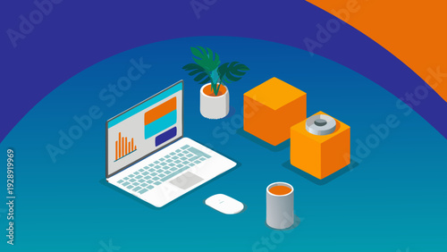 Modern remote workspace with laptop coffee and plant on colorful background symbolizing productivity and comfort