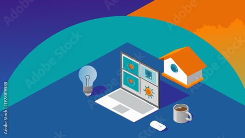 Smart home control system on laptop with house and light bulb on colorful background