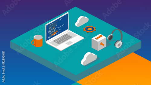 Online coding environment with laptop headphones and coffee on a teal desk against a blue background representing programming and software development