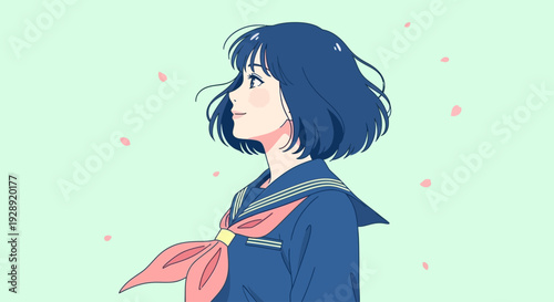 Anime girl in blue sailor outfit stands alone outdoors under falling petals